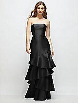 Front View Thumbnail - Black Strapless Bodycon Maxi Dress with Tiered Ruffle Skirt