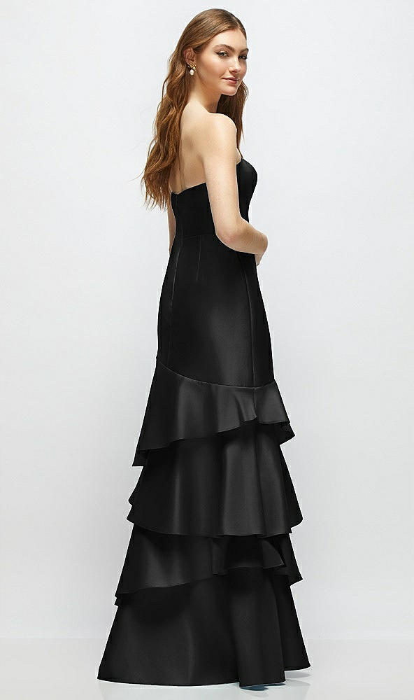 Back View - Black Strapless Bodycon Maxi Dress with Tiered Ruffle Skirt