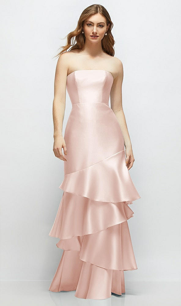 Front View - Blush Strapless Bodycon Maxi Dress with Tiered Ruffle Skirt