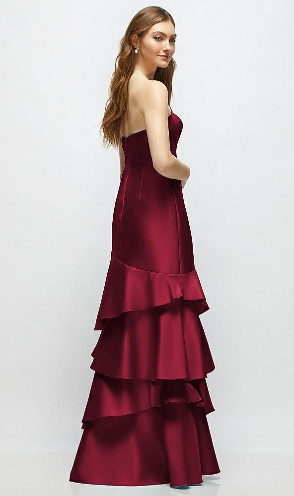 Back View - Burgundy Strapless Bodycon Maxi Dress with Tiered Ruffle Skirt