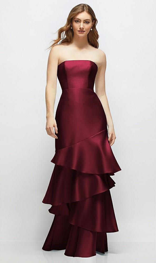 Front View - Cabernet Strapless Bodycon Maxi Dress with Tiered Ruffle Skirt