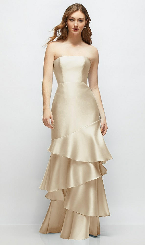 Front View - Champagne Strapless Bodycon Maxi Dress with Tiered Ruffle Skirt