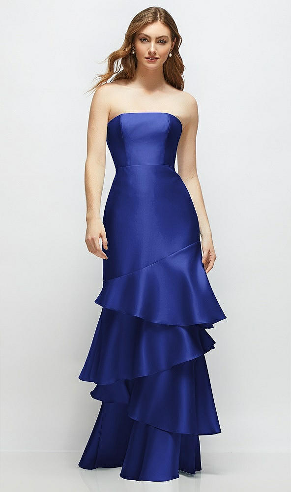 Front View - Cobalt Blue Strapless Bodycon Maxi Dress with Tiered Ruffle Skirt