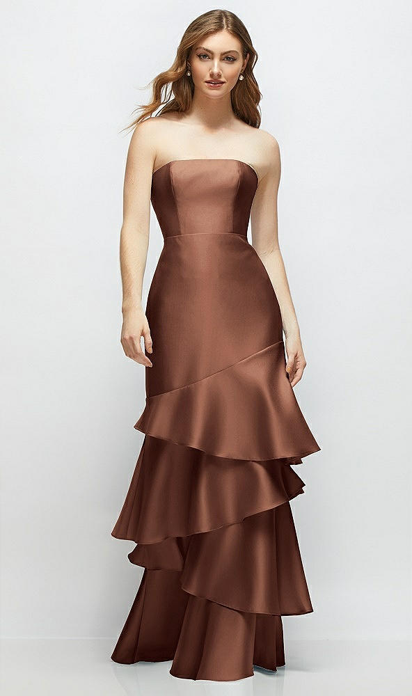 Front View - Cognac Strapless Bodycon Maxi Dress with Tiered Ruffle Skirt