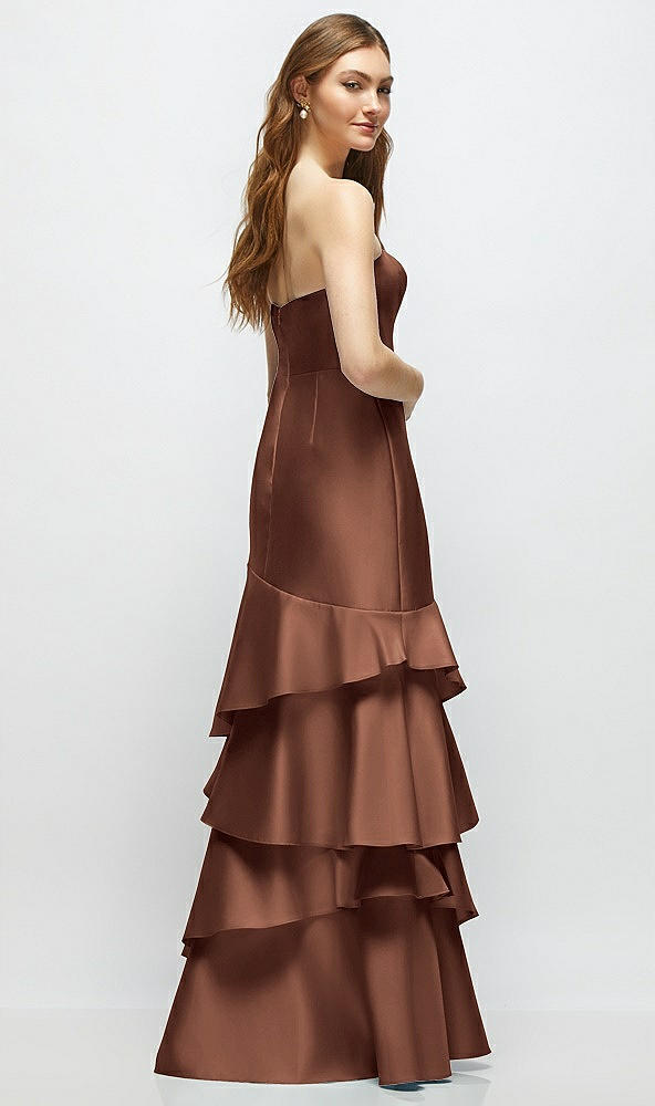 Back View - Cognac Strapless Bodycon Maxi Dress with Tiered Ruffle Skirt