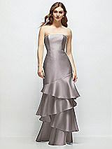 Front View Thumbnail - Cashmere Gray Strapless Bodycon Maxi Dress with Tiered Ruffle Skirt