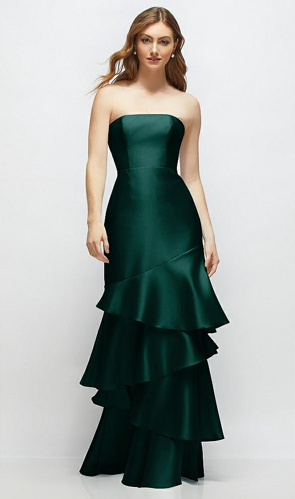 Front View - Evergreen Strapless Bodycon Maxi Dress with Tiered Ruffle Skirt