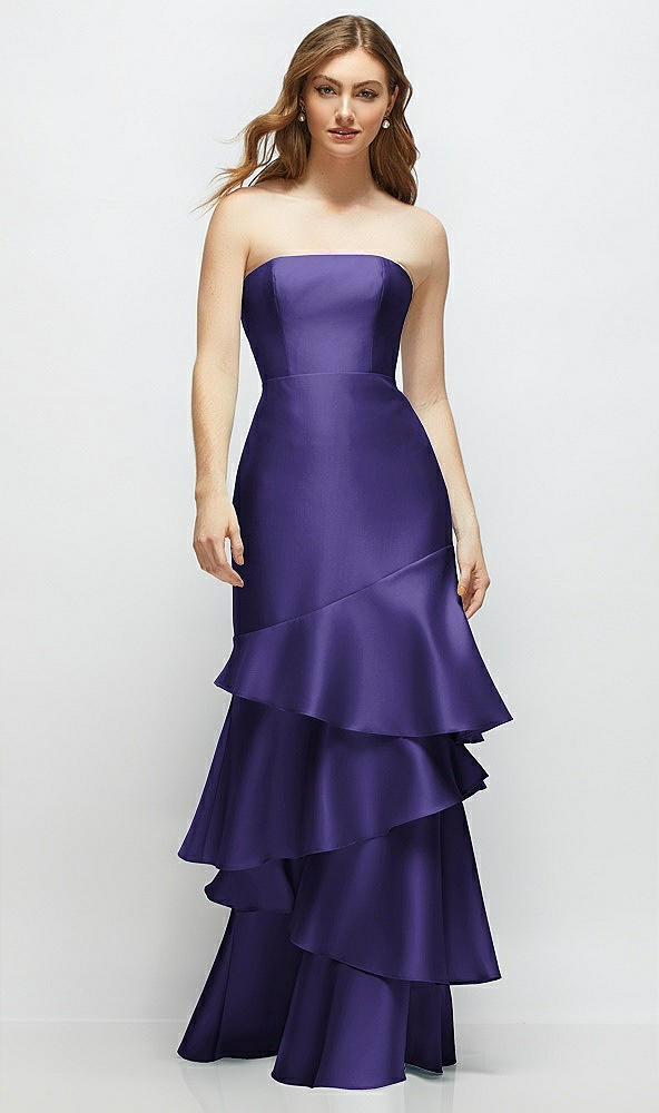 Front View - Grape Strapless Bodycon Maxi Dress with Tiered Ruffle Skirt