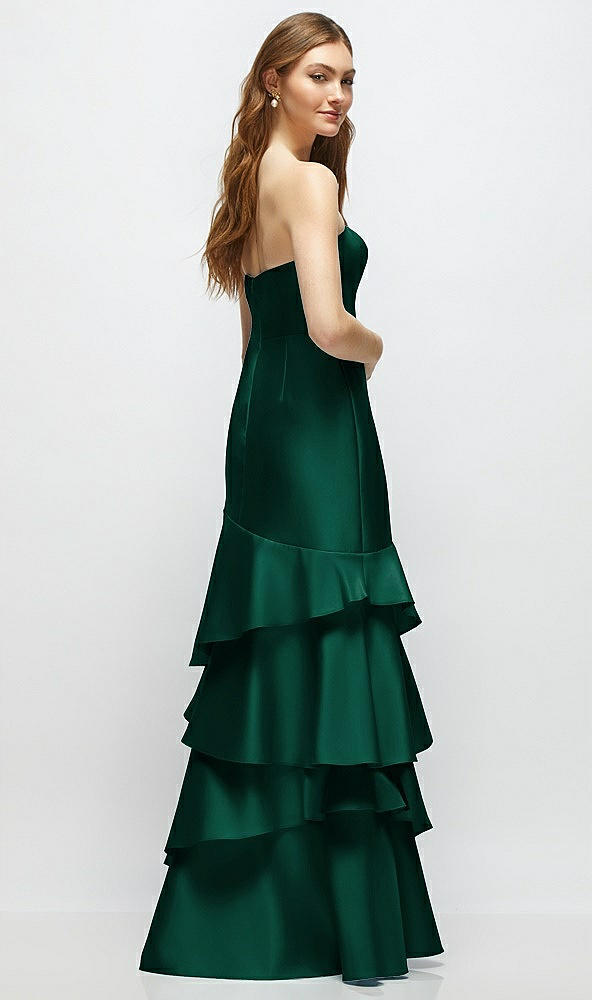 Back View - Hunter Green Strapless Bodycon Maxi Dress with Tiered Ruffle Skirt