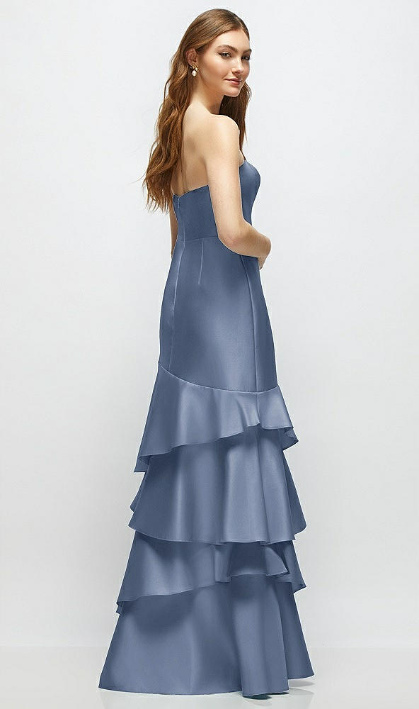 Back View - Larkspur Blue Strapless Bodycon Maxi Dress with Tiered Ruffle Skirt