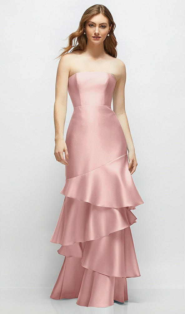 Front View - Rose Strapless Bodycon Maxi Dress with Tiered Ruffle Skirt