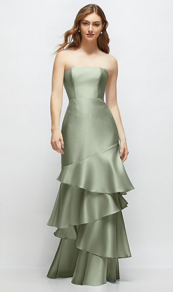 Front View - Sage Strapless Bodycon Maxi Dress with Tiered Ruffle Skirt