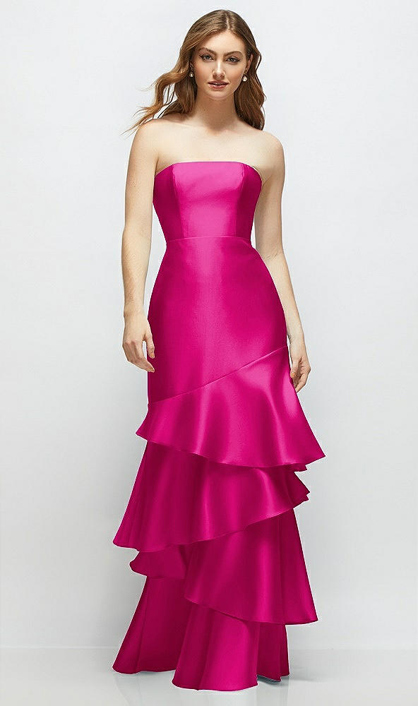 Front View - Think Pink Strapless Bodycon Maxi Dress with Tiered Ruffle Skirt