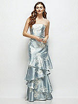 Side View Thumbnail - Porcelain Blue Seraphina Floral Floral Strapless Bodycon Maxi Dress with Tiered Ruffle Skirt