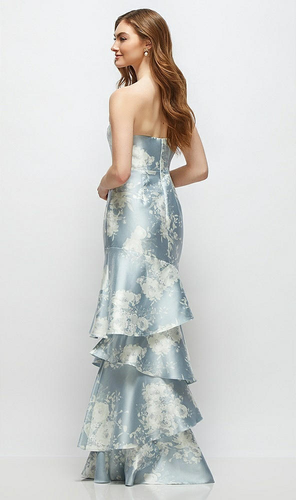 Back View - Porcelain Blue Seraphina Floral Floral Strapless Bodycon Maxi Dress with Tiered Ruffle Skirt