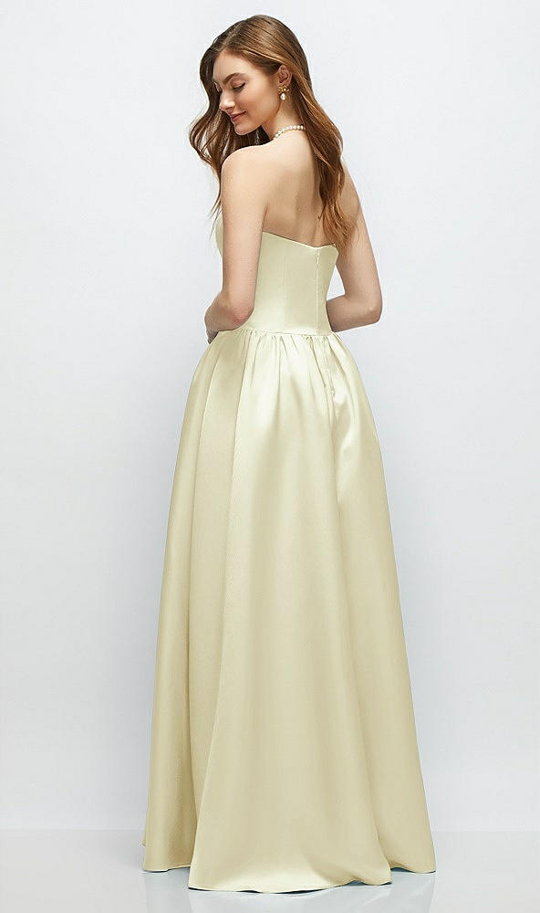 Back View - Butter Yellow Strapless Satin Drop Waist Gown with Full Skirt