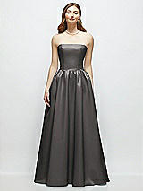 Front View Thumbnail - Caviar Gray Strapless Satin Drop Waist Gown with Full Skirt