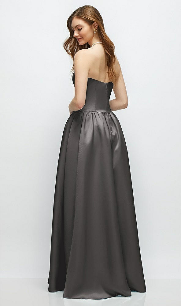 Back View - Caviar Gray Strapless Satin Drop Waist Gown with Full Skirt