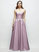 Front View Thumbnail - Suede Rose Strapless Satin Drop Waist Gown with Full Skirt