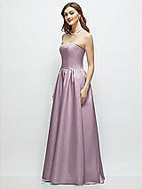 Side View Thumbnail - Suede Rose Strapless Satin Drop Waist Gown with Full Skirt