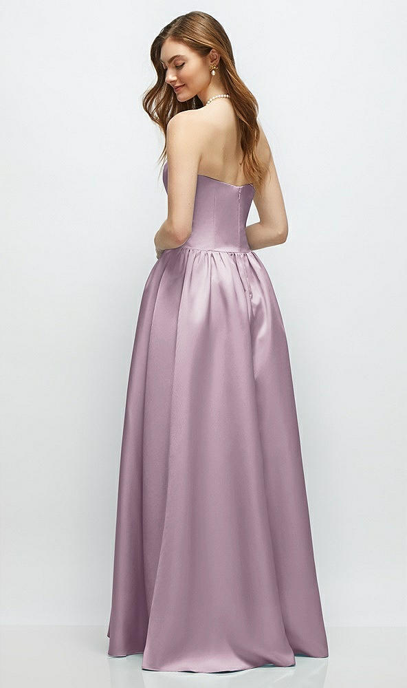 Back View - Suede Rose Strapless Satin Drop Waist Gown with Full Skirt