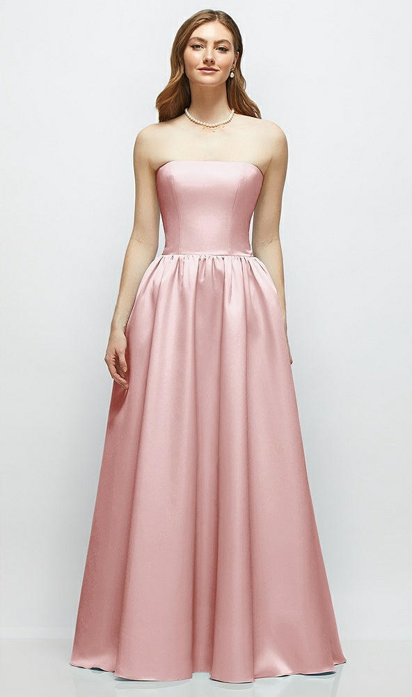 Front View - Ballet Pink Strapless Satin Drop Waist Gown with Full Skirt