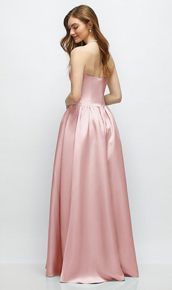 Back View - Ballet Pink Strapless Satin Drop Waist Gown with Full Skirt