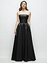 Front View Thumbnail - Black Strapless Satin Drop Waist Gown with Full Skirt