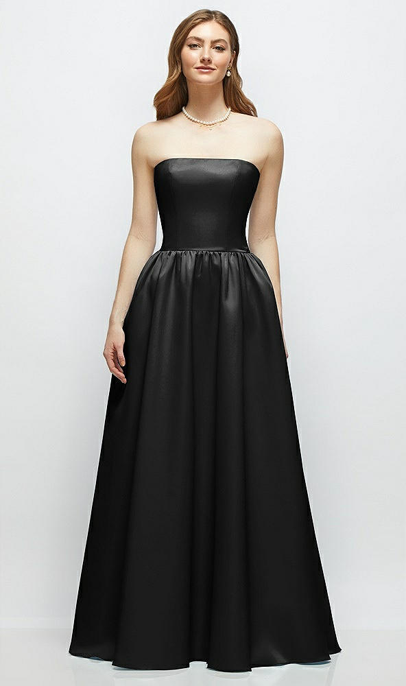 Front View - Black Strapless Satin Drop Waist Gown with Full Skirt