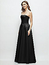 Side View Thumbnail - Black Strapless Satin Drop Waist Gown with Full Skirt