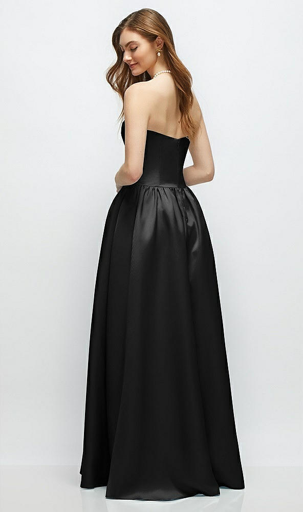 Back View - Black Strapless Satin Drop Waist Gown with Full Skirt