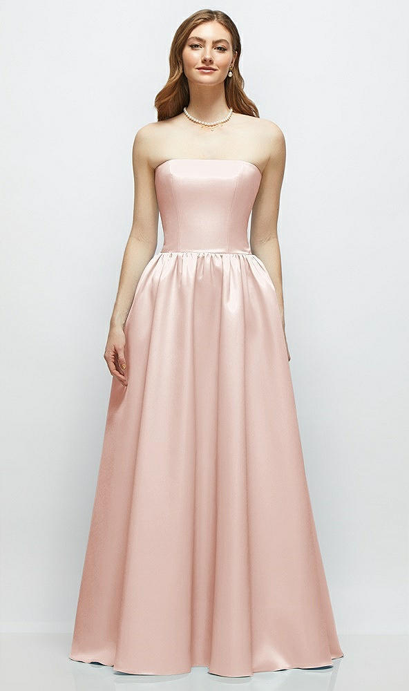 Front View - Blush Strapless Satin Drop Waist Gown with Full Skirt