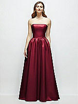 Front View Thumbnail - Burgundy Strapless Satin Drop Waist Gown with Full Skirt