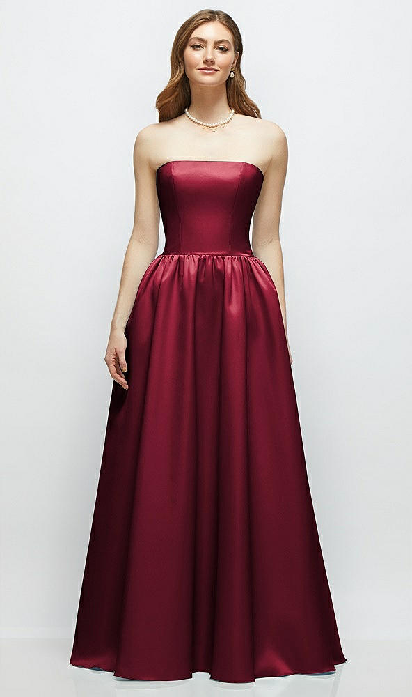 Front View - Burgundy Strapless Satin Drop Waist Gown with Full Skirt