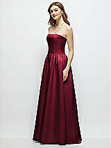 Side View Thumbnail - Burgundy Strapless Satin Drop Waist Gown with Full Skirt