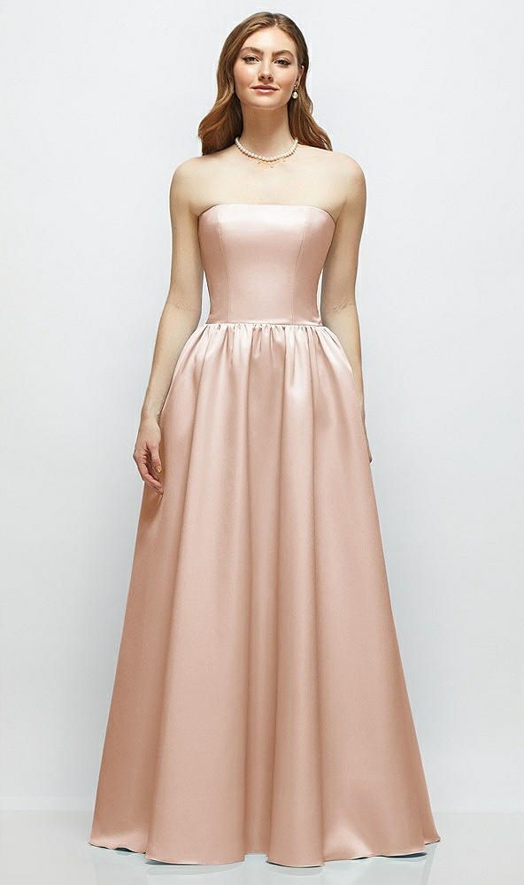 Front View - Cameo Strapless Satin Drop Waist Gown with Full Skirt