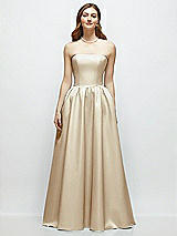 Front View Thumbnail - Champagne Strapless Satin Drop Waist Gown with Full Skirt