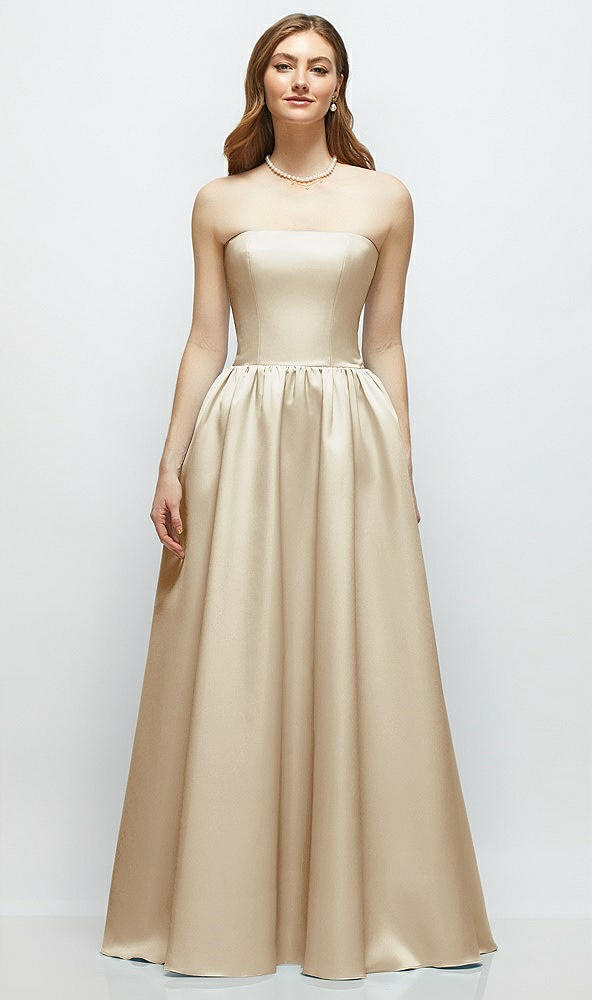 Front View - Champagne Strapless Satin Drop Waist Gown with Full Skirt