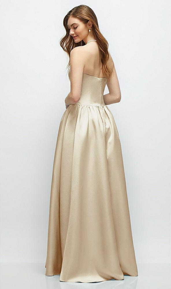 Back View - Champagne Strapless Satin Drop Waist Gown with Full Skirt