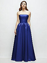 Front View Thumbnail - Cobalt Blue Strapless Satin Drop Waist Gown with Full Skirt