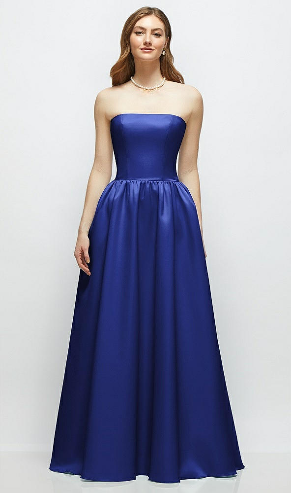 Front View - Cobalt Blue Strapless Satin Drop Waist Gown with Full Skirt