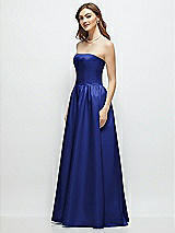 Side View Thumbnail - Cobalt Blue Strapless Satin Drop Waist Gown with Full Skirt