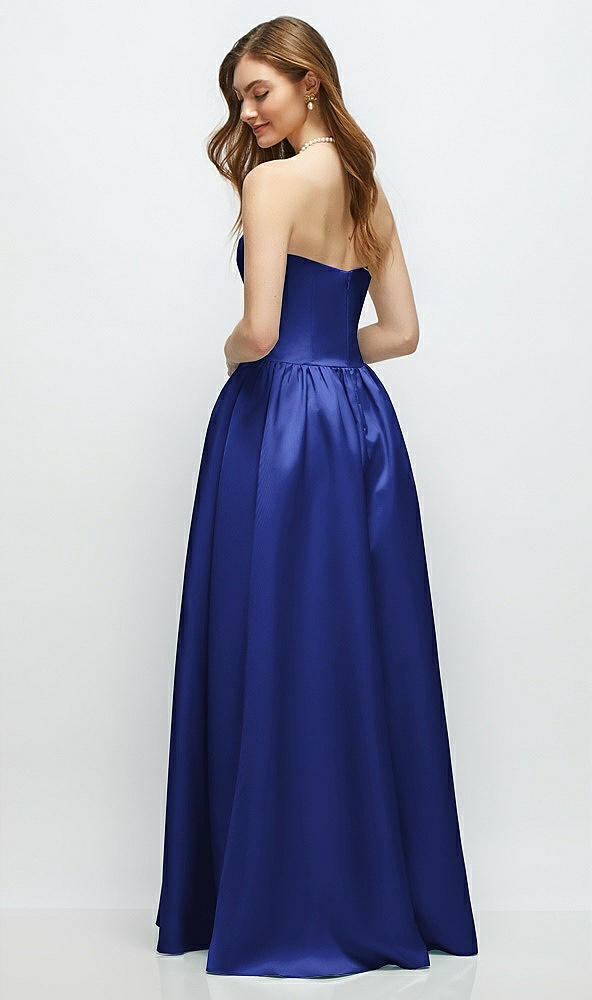 Back View - Cobalt Blue Strapless Satin Drop Waist Gown with Full Skirt