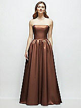 Front View Thumbnail - Cognac Strapless Satin Drop Waist Gown with Full Skirt