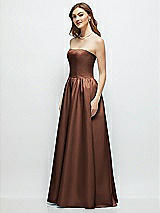 Side View Thumbnail - Cognac Strapless Satin Drop Waist Gown with Full Skirt