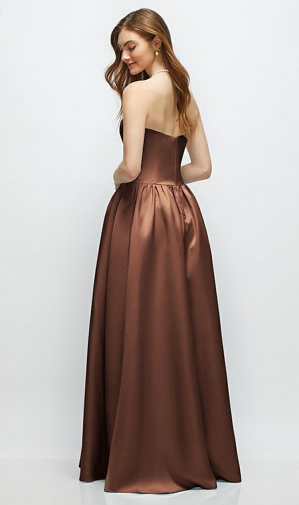 Back View - Cognac Strapless Satin Drop Waist Gown with Full Skirt