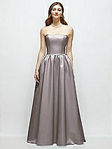 Front View Thumbnail - Cashmere Gray Strapless Satin Drop Waist Gown with Full Skirt