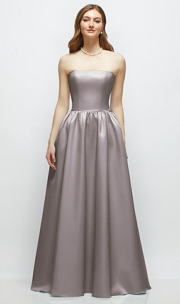 Front View - Cashmere Gray Strapless Satin Drop Waist Gown with Full Skirt