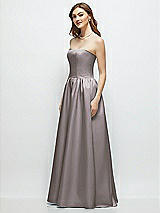 Side View Thumbnail - Cashmere Gray Strapless Satin Drop Waist Gown with Full Skirt