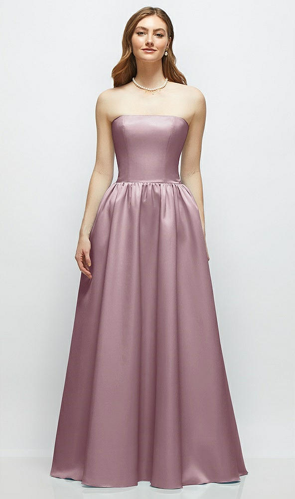 Front View - Dusty Rose Strapless Satin Drop Waist Gown with Full Skirt